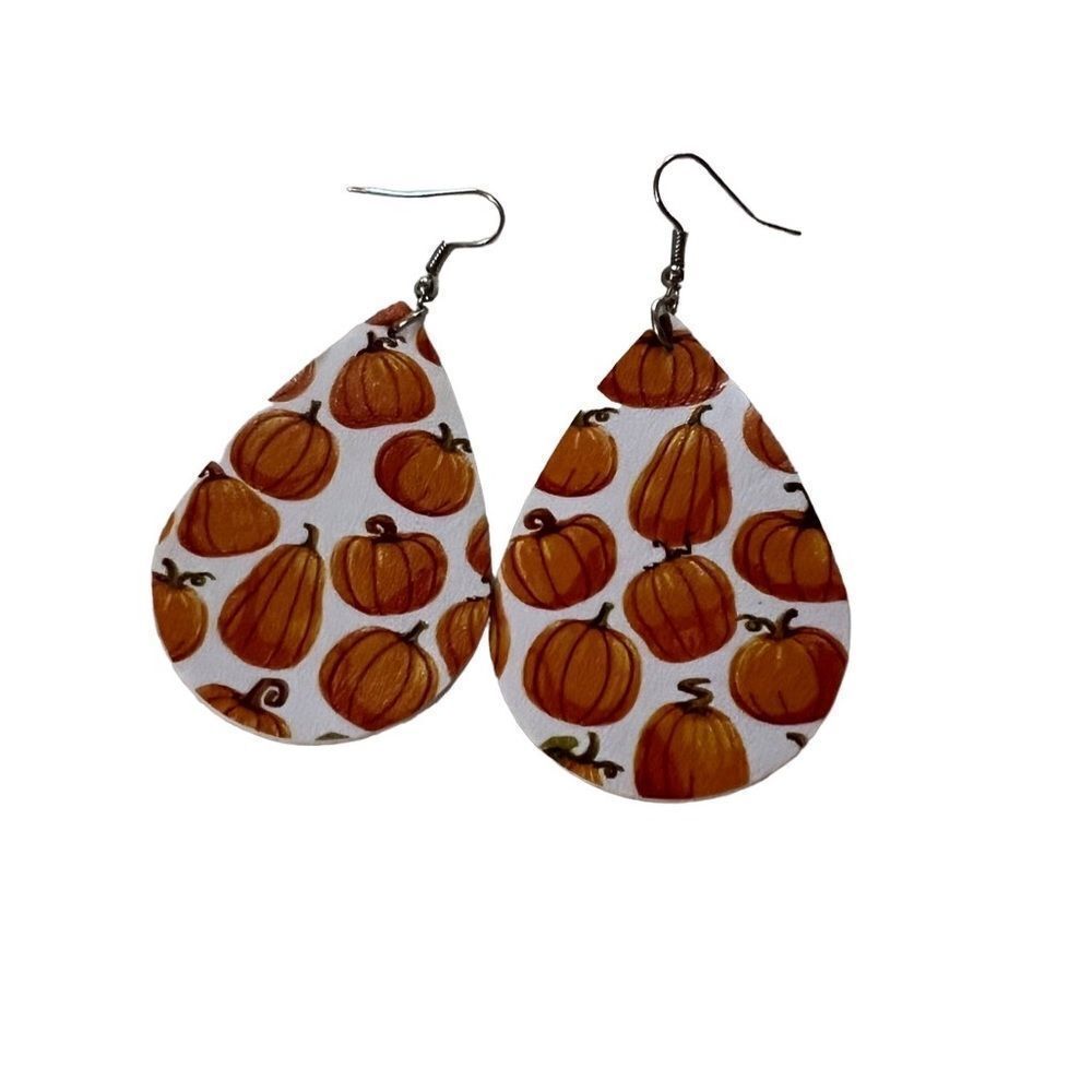 Pumpkins on White Leather Drop Shaped Earrings